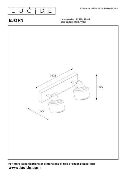 Lucide BJORN - Spot plafond - 2xE14 - Or Mat / Laiton - TECHNISCH